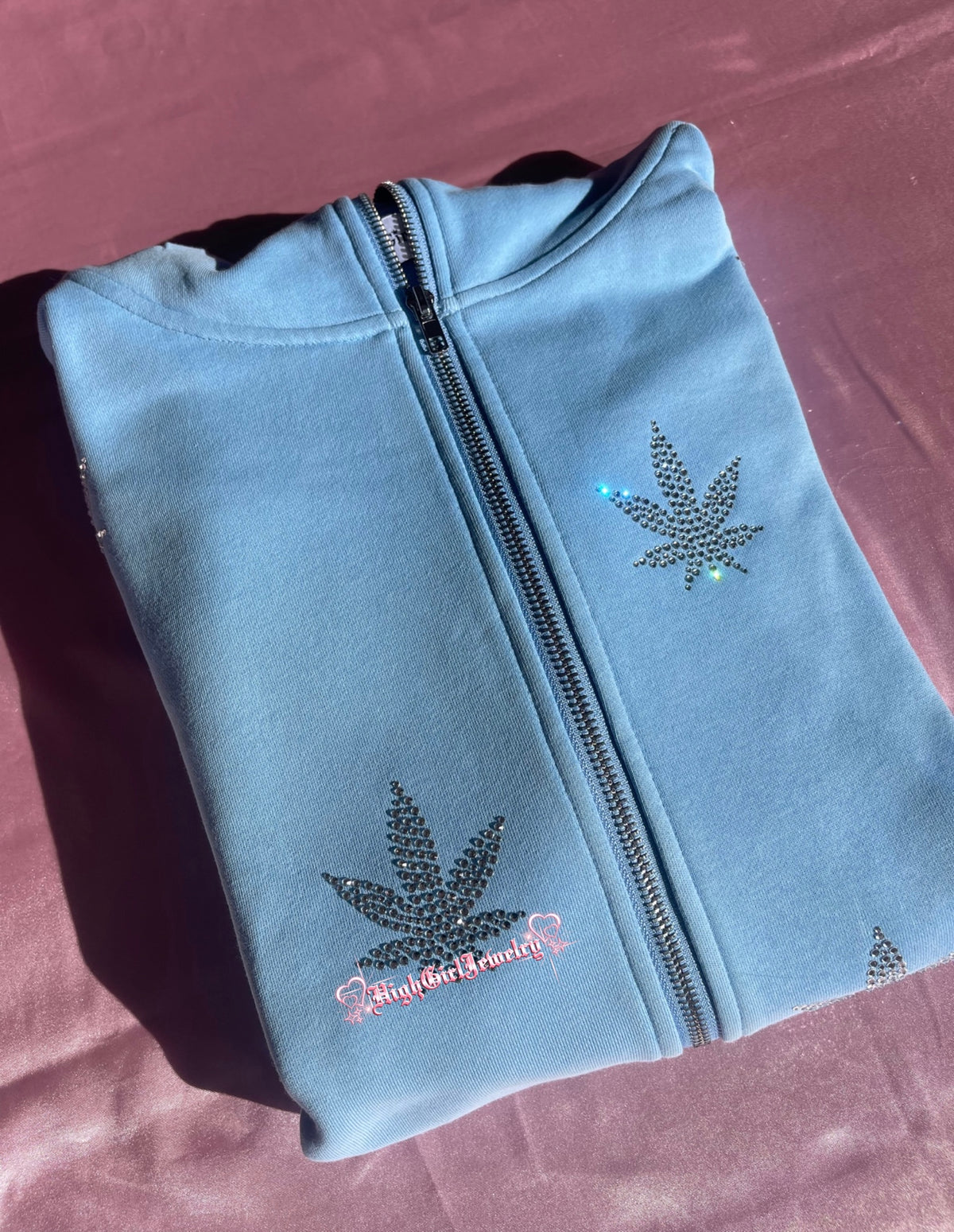 Baby Blue Weed Rhinestone Zip Up Hoodie♡