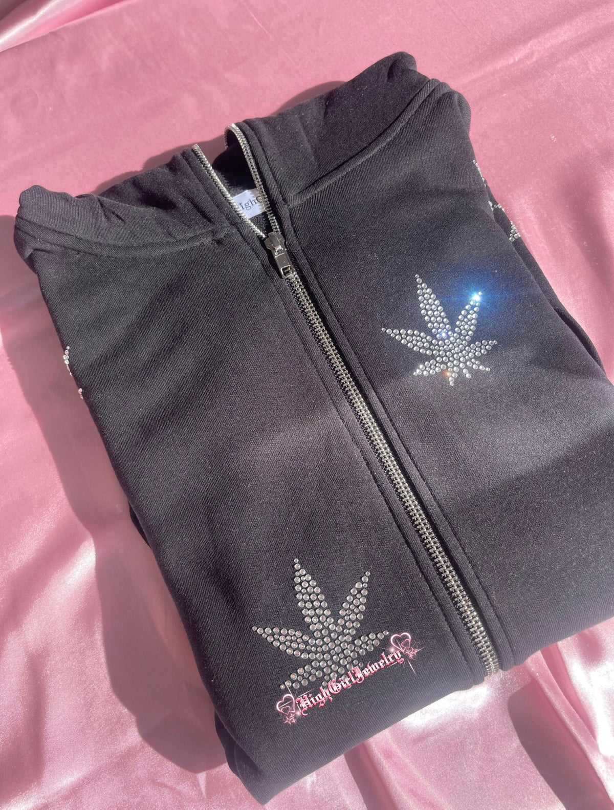 Black Weed Rhinestone Zip Up Hoodie♡