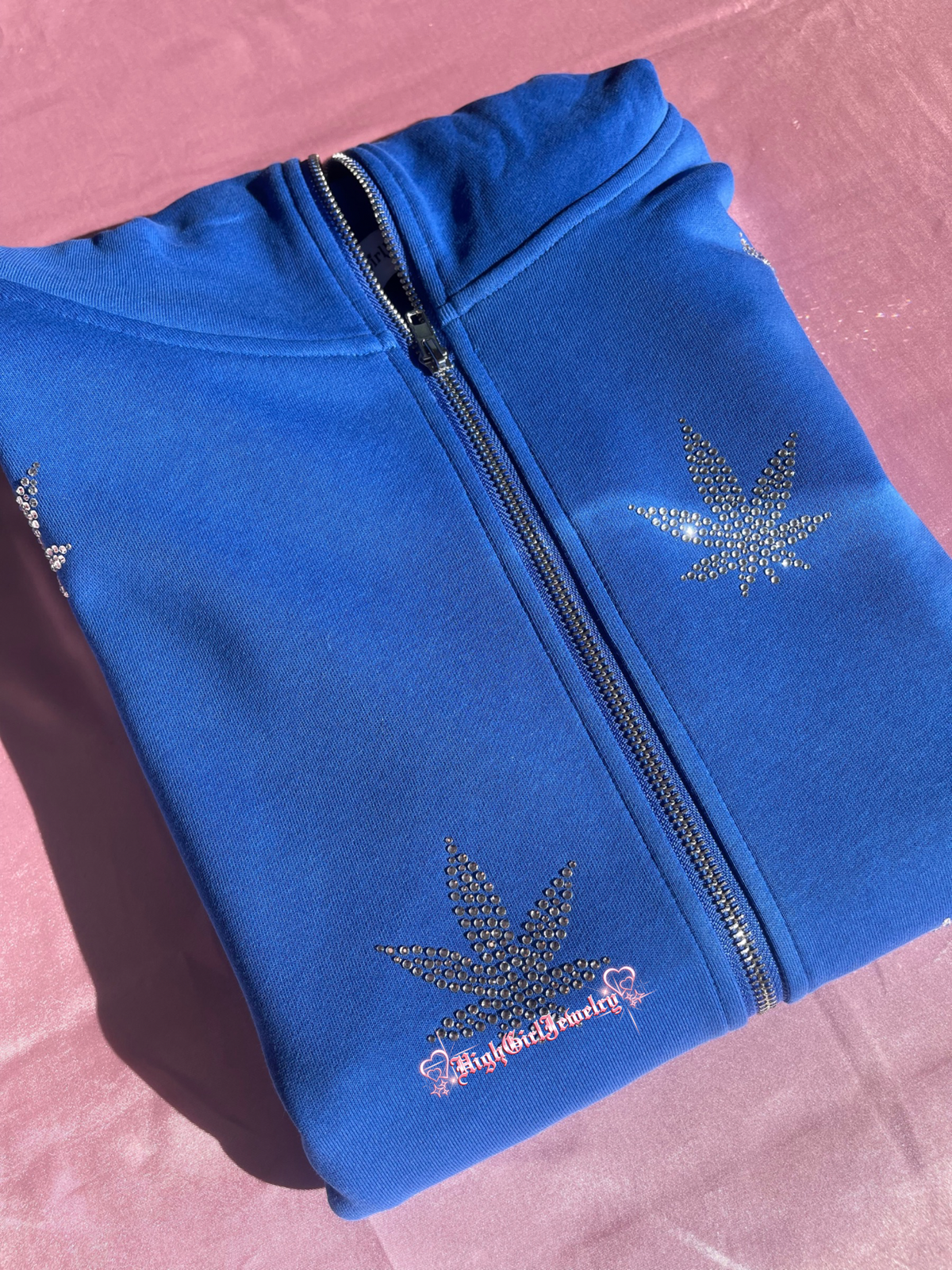 Royal Blue Weed Rhinestone Zip Up Hoodie♡