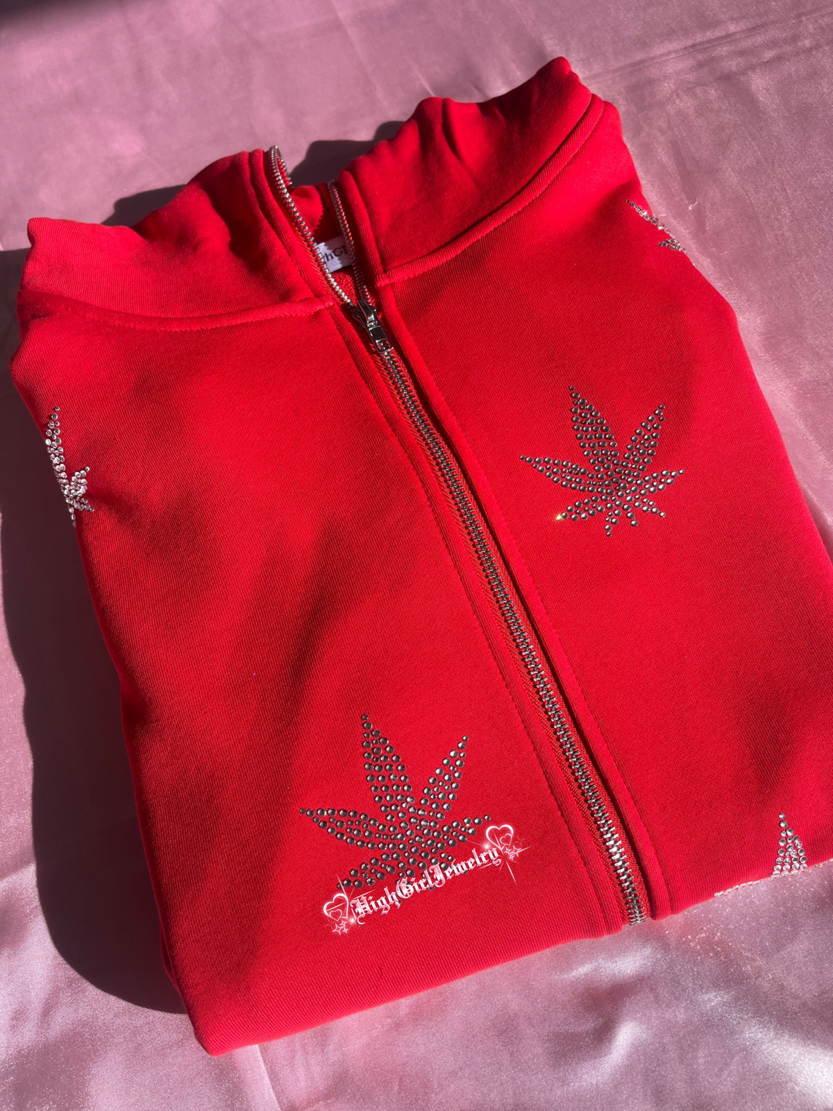 Red Weed Rhinestone Zip Up Hoodie♡